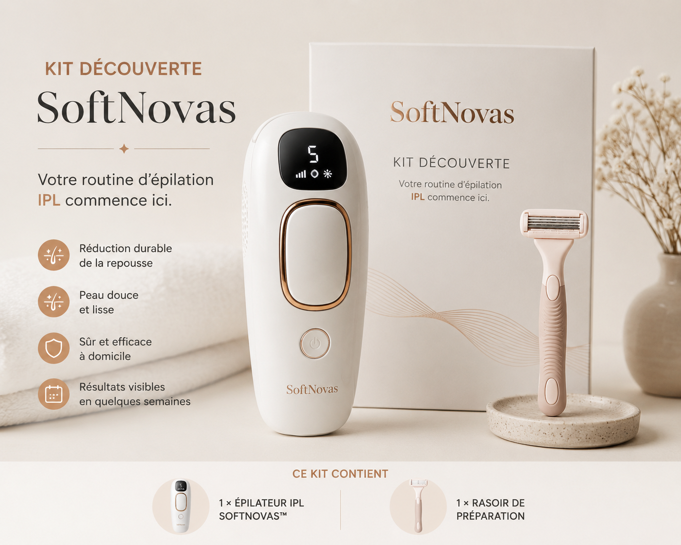 Kit Découverte SoftNovas™ – Épilateur IPL & Rasoir de Préparation